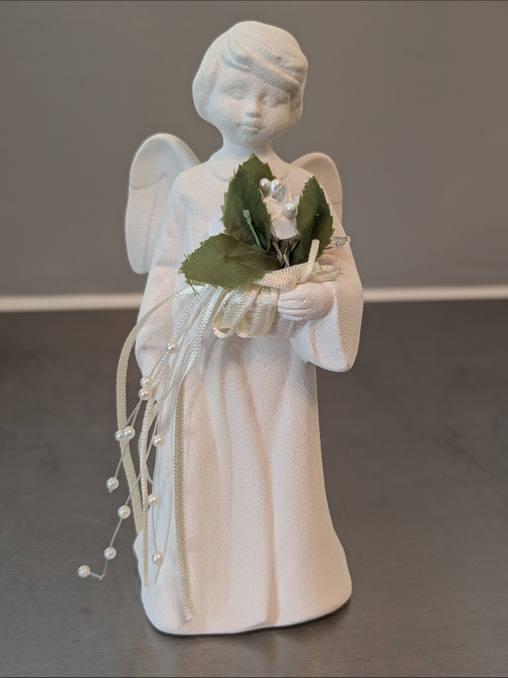 White Angel Figurine Decorative Statue with Green Bouquet
